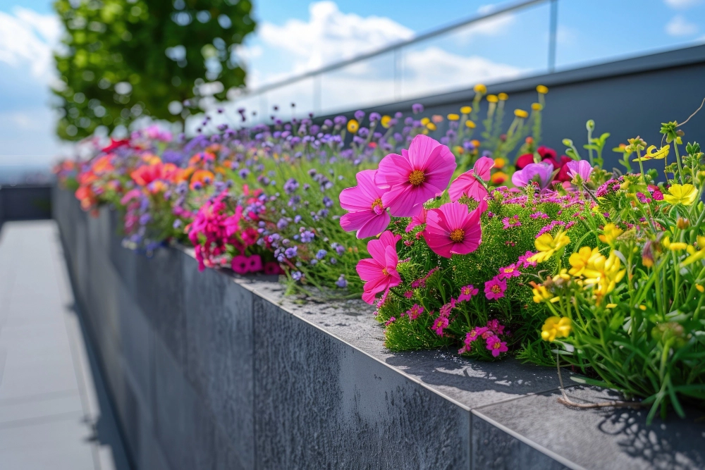 Plantas con flores en jardinera durante el verano